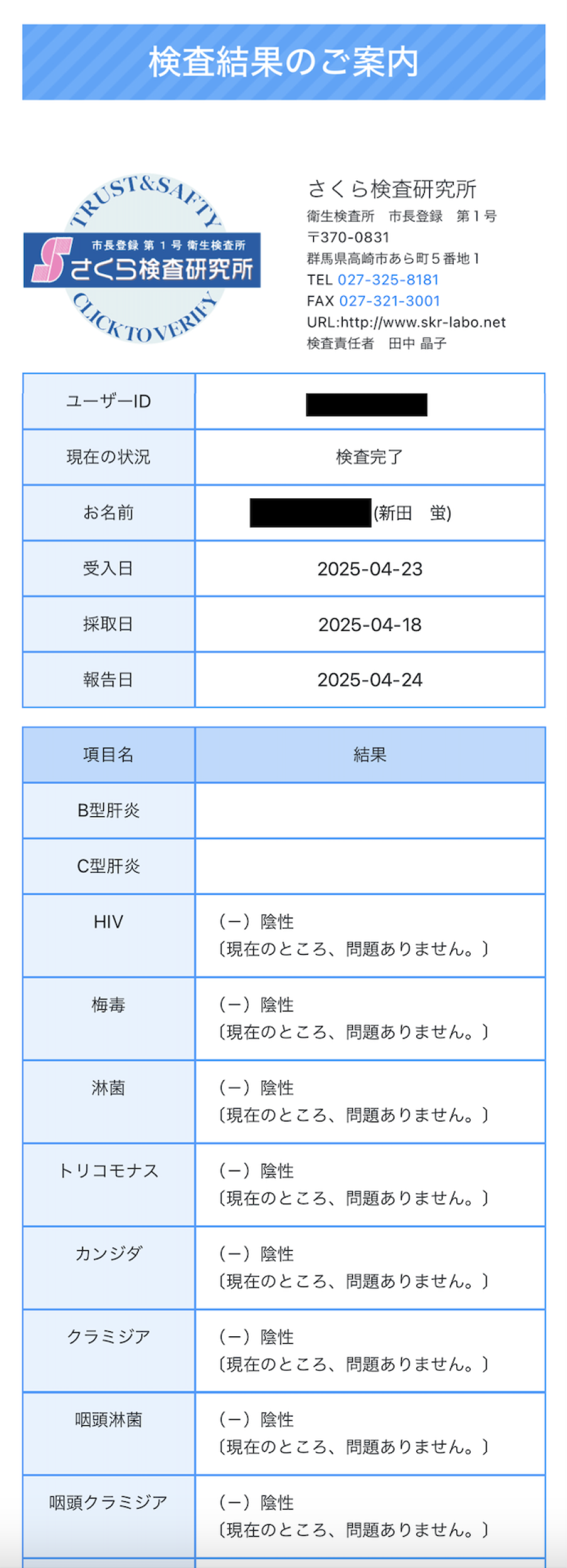 新田 蛍の性病検査証明書